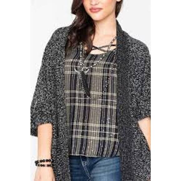 BB Dakota Black White Short 3/4 Sleeve Open Front Longline Boucle Cardigan XS - Picture 2 of 13